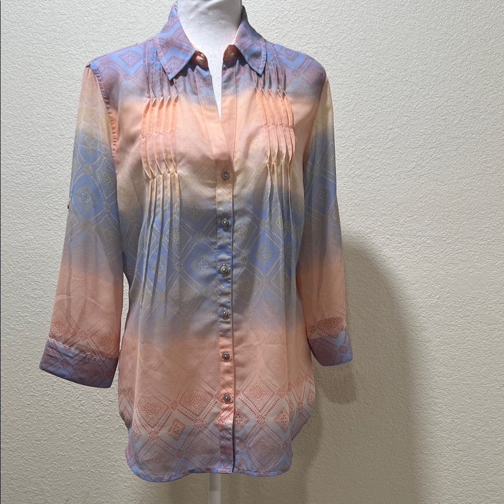 VINTAGE AMERICA Peach and Light Blue Pintuck Button-Down Shirt